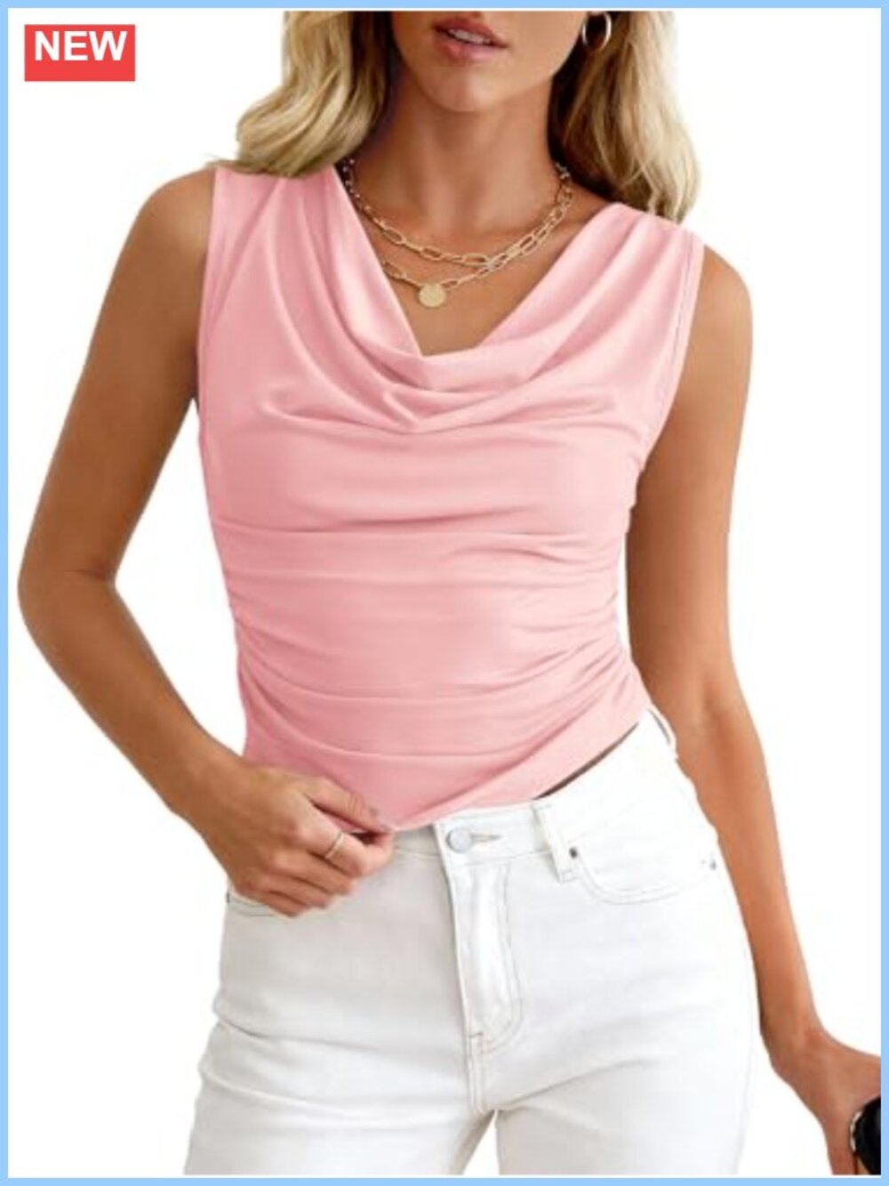 Cowl Neck Sleeveless Tank Top Slim Fit Ruched Knit Summer Office